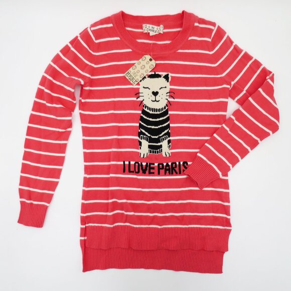 NWT Pink Republic Girls' Coral Striped "I Love Paris" Sweater L 14 Hi-Lo Hem - Picture 2 of 9